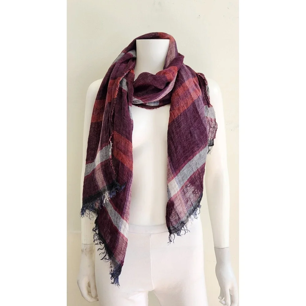 Firenze Ca.Ma. Womens Scarf 100% Linen Burgundy Plaid Fringe Made In Italy Boho